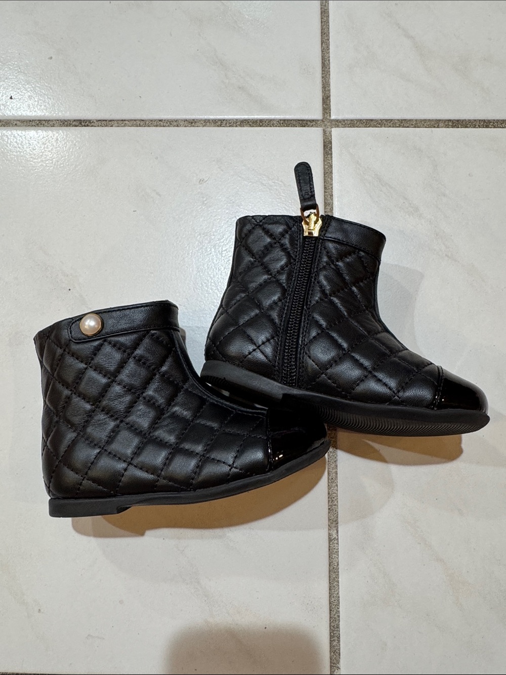 Girls' Black Quilted Ankle Boots with Pearl Accent size 8